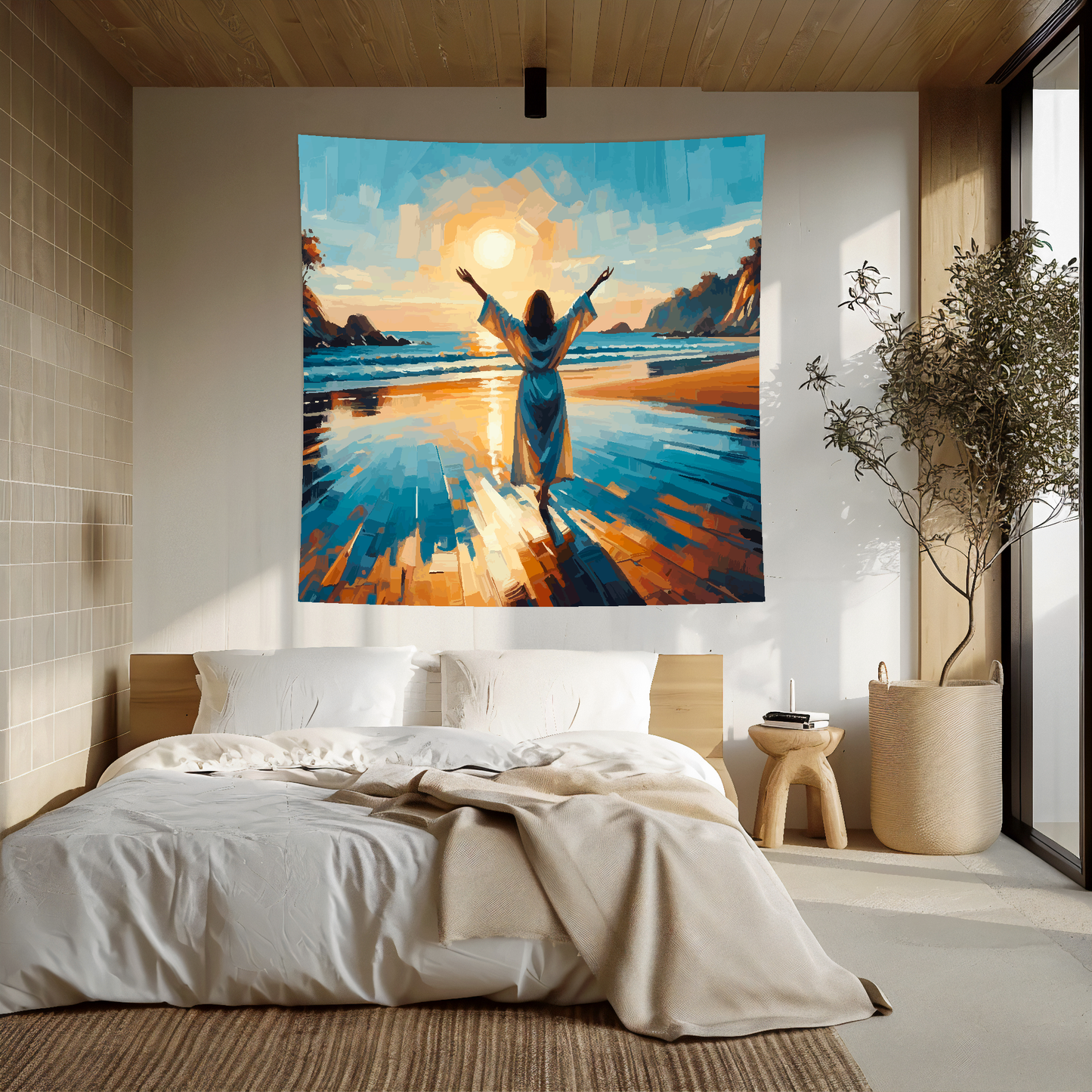 Abstract art blanket featuring a woman on a golden sandy beach. 1.5 metres by 1.5 metres, perfect for adding a touch of elegance and tranquillity to any big wall space.