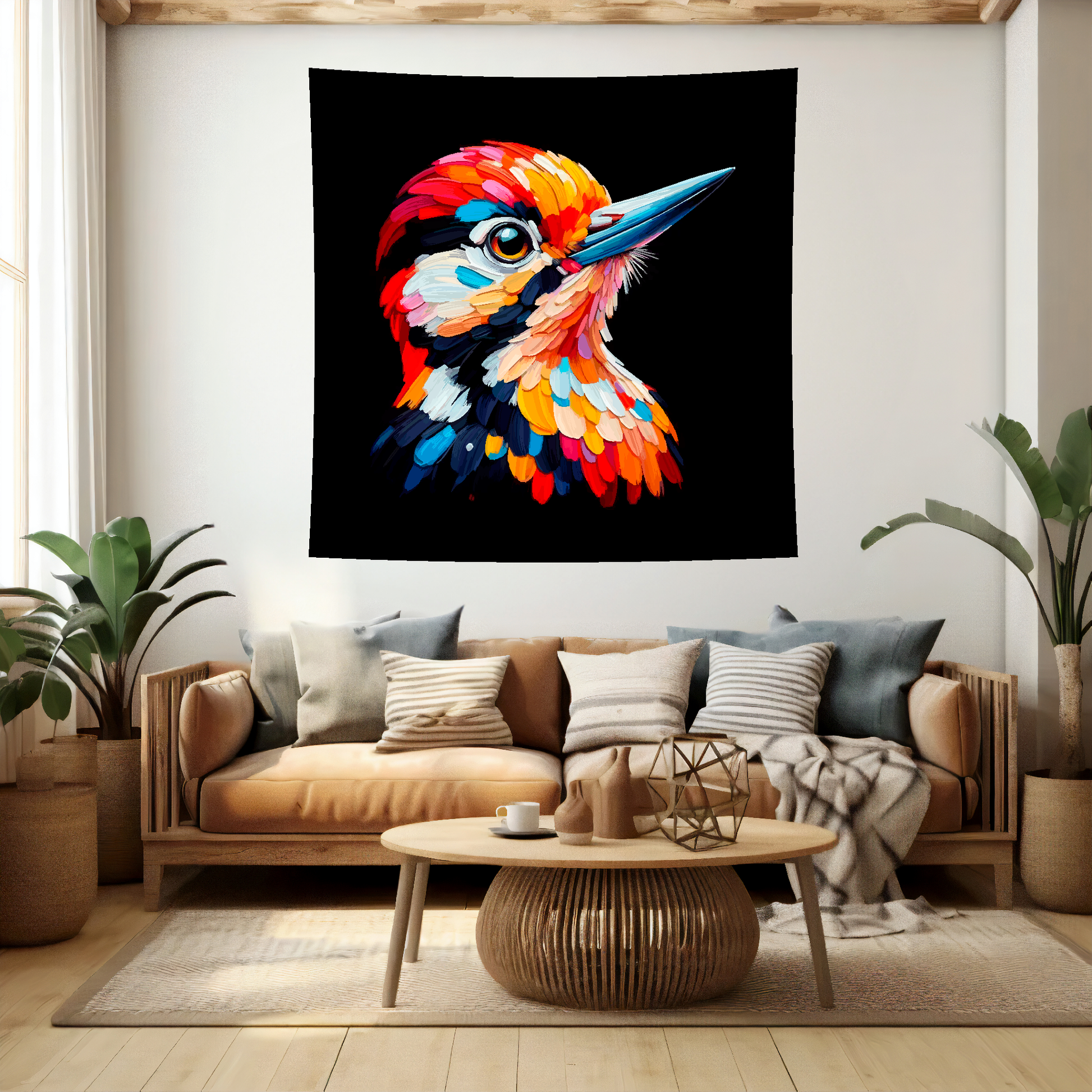 Large art blanket featuring a detailed and colourful bird portrait of a Woodpecker. Measuring 1.5 metres by 1.5 metres, perfect for adding natural beauty and elegance to any big wall space.