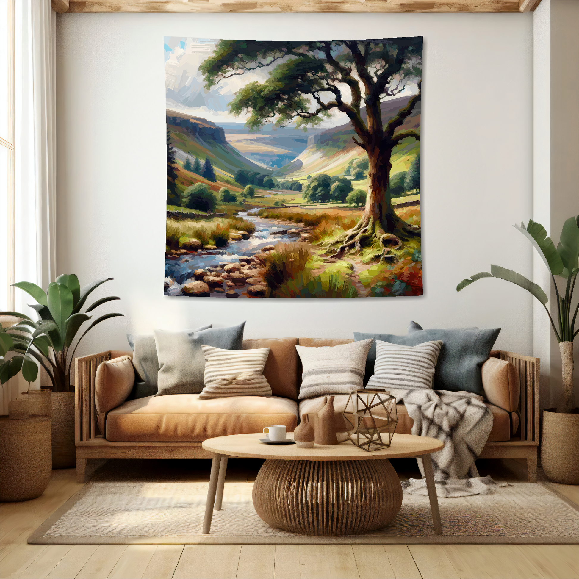 Abstract art blanket featuring a captivating Yorkshire Dales scene. 1.5 metres by 1.5 metres, perfect for adding a touch of elegance and tranquillity to any big wall space.