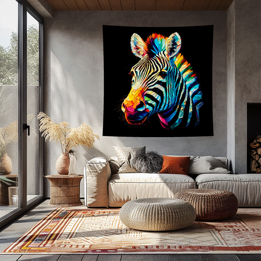 Large art blanket featuring a detailed and colourful portrait of a Zebra. Measuring 1.5 metres by 1.5 metres, this blanket is perfect for adding a touch of natural wildlife beauty to any big wall space.